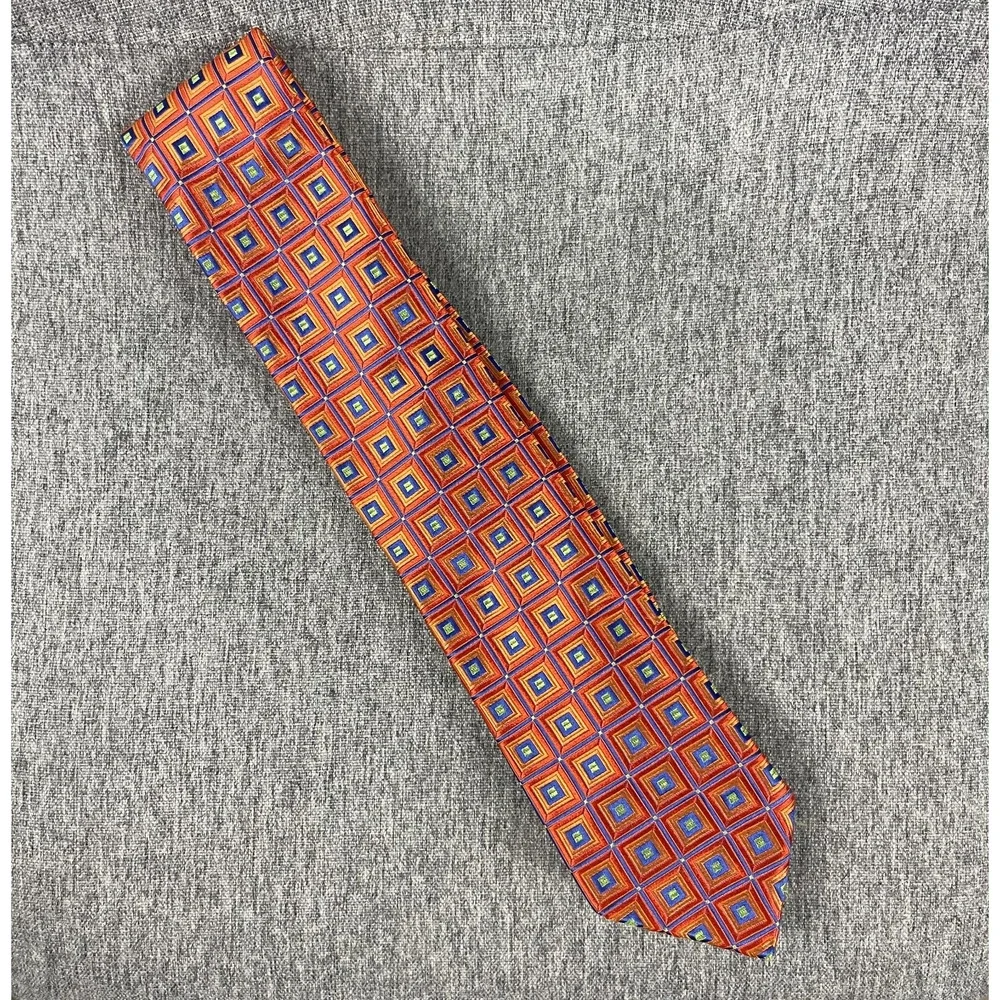 Ted Baker London 100% Silk Necktie Mens Orange Blue Geometric‎ Woven USA Made